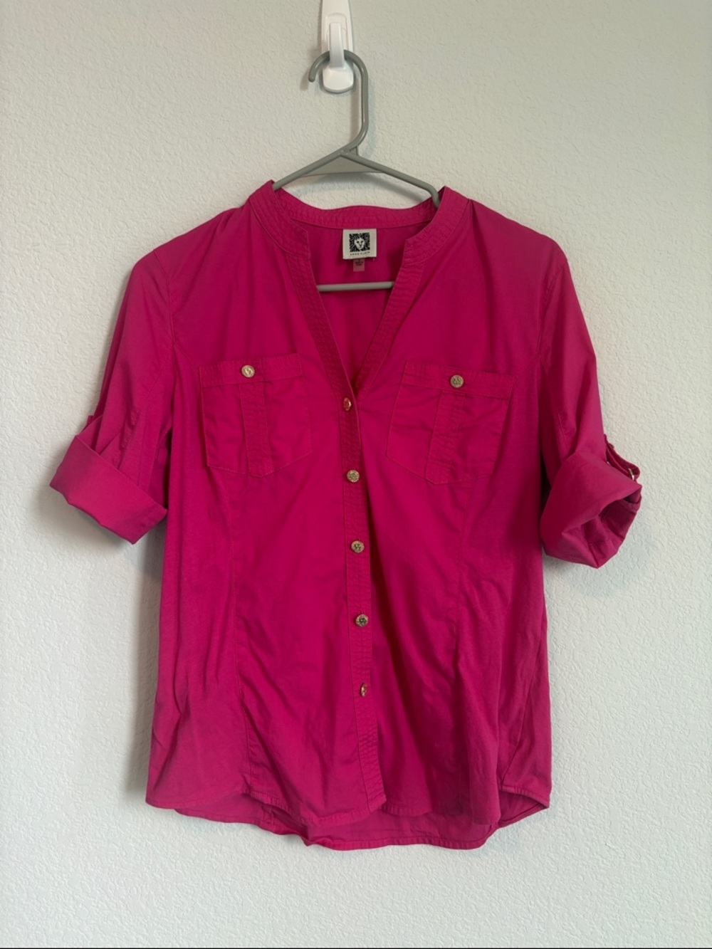 Anne Klein Bright Fuchsia Button-Front Top with mock collar multi texture
